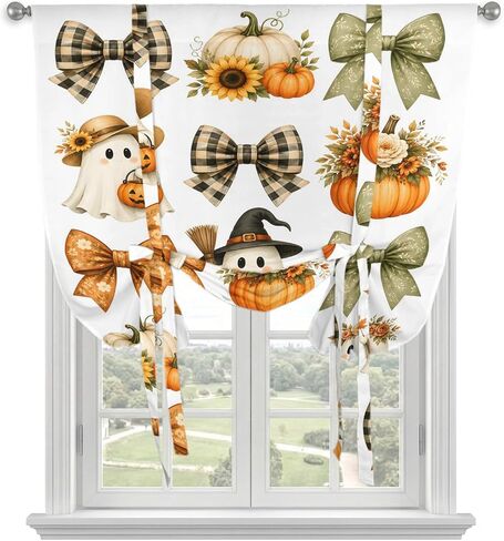 Halloween Tie Up Curtains for Small Windows,Adjustable Rod Pocket Cartoon Cute Ghosts Pumpkin Bow Flowers Valance 45 Inch Short, Window Treatment Balloon Roman Blind Shade, 34" x 45" in Kuwait