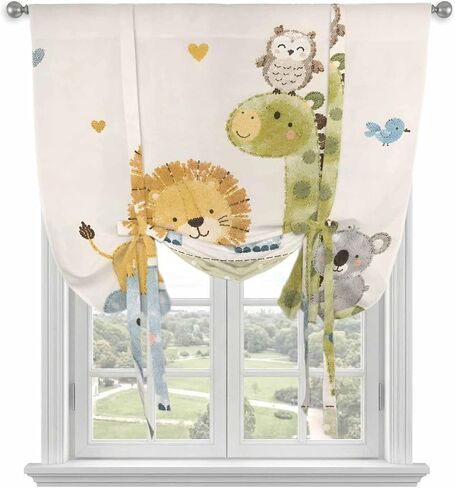 Giraffe Lion Elephant Tie Up Curtains for Small Windows,Adjustable Rod Pocket Cartoon Owl Raccoon Cute Animals Valance 45 Inch Short, Window Treatment Balloon Roman Blind Shade, 34" x 45" in Kuwait