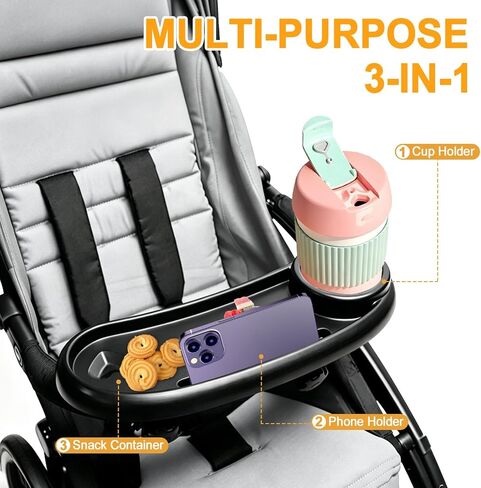 Universal Stroller Snack Tray Compatible with Mockingbird Evenflo Nuna, Adjustable Stroller Tray with Cup Holder & Phone Holder, Stroller Accessory Attachment, Black in Kuwait