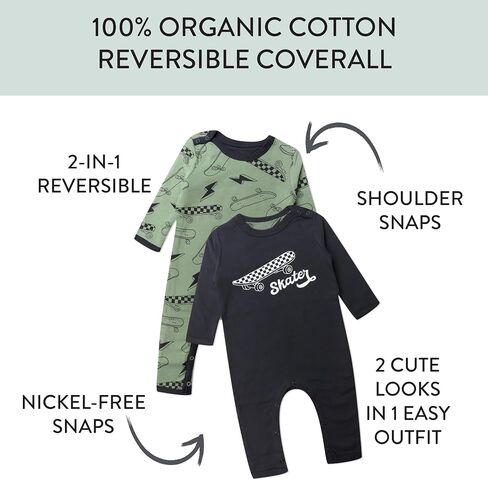 HonestBaby Reversible Coverall Organic Cotton for Baby Boys, Girls, Skaters Edge Olive, 24 Months in Kuwait