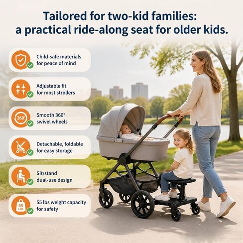 2026 New-Universal Stroller Board with Detachable Seat, 2-in-1 Sit and Stand Stroller Glider Board,360° Shock-Absorbing Swivel Wheels, 55 lbs Capacity, Fits 99% Strollers, 5-Year Warranty in Kuwait