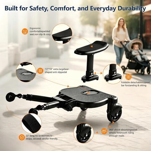 2026 New-Universal Stroller Board with Detachable Seat, 2-in-1 Sit and Stand Stroller Glider Board,360° Shock-Absorbing Swivel Wheels, 55 lbs Capacity, Fits 99% Strollers, 5-Year Warranty in Kuwait