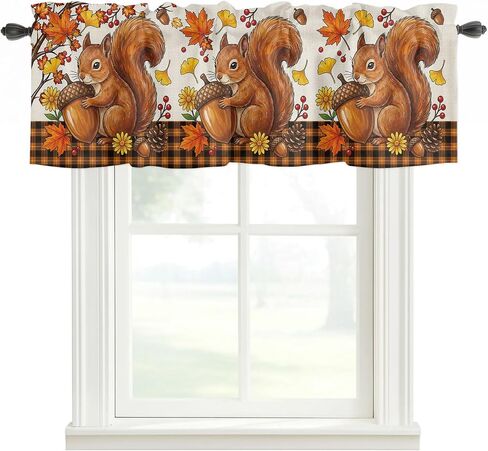 Valances Window Treatment Farmhouse Decor, Squirrel Fall Rod Pocket Valance Curtains for Living Room, Bedroom, Kitchen, Thanksgiving Branches Berry Rustic 42" W x 12" L - 1 Panel in Kuwait