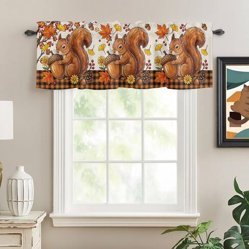 Valances Window Treatment Farmhouse Decor, Squirrel Fall Rod Pocket Valance Curtains for Living Room, Bedroom, Kitchen, Thanksgiving Branches Berry Rustic 42" W x 12" L - 1 Panel in Kuwait