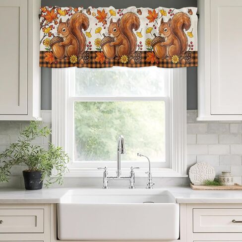 Valances Window Treatment Farmhouse Decor, Squirrel Fall Rod Pocket Valance Curtains for Living Room, Bedroom, Kitchen, Thanksgiving Branches Berry Rustic 42" W x 12" L - 1 Panel in Kuwait