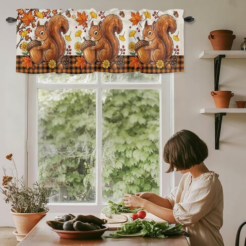 Valances Window Treatment Farmhouse Decor, Squirrel Fall Rod Pocket Valance Curtains for Living Room, Bedroom, Kitchen, Thanksgiving Branches Berry Rustic 42" W x 12" L - 1 Panel in Kuwait