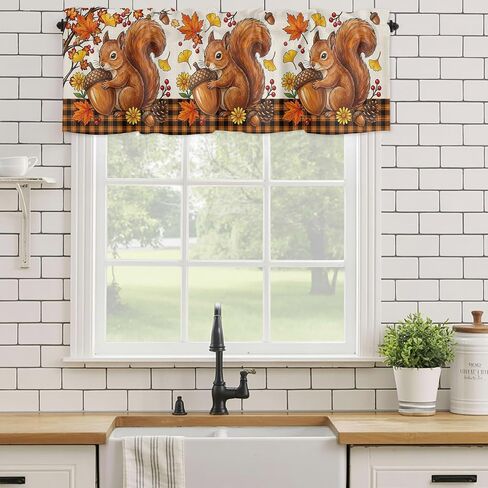 Valances Window Treatment Farmhouse Decor, Squirrel Fall Rod Pocket Valance Curtains for Living Room, Bedroom, Kitchen, Thanksgiving Branches Berry Rustic 42" W x 12" L - 1 Panel in Kuwait