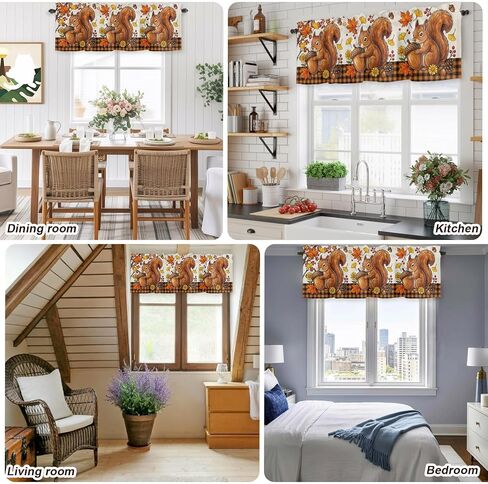 Valances Window Treatment Farmhouse Decor, Squirrel Fall Rod Pocket Valance Curtains for Living Room, Bedroom, Kitchen, Thanksgiving Branches Berry Rustic 42" W x 12" L - 1 Panel in Kuwait
