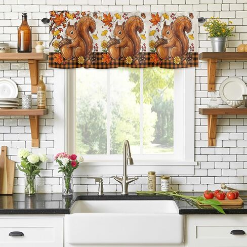 Valances Window Treatment Farmhouse Decor, Squirrel Fall Rod Pocket Valance Curtains for Living Room, Bedroom, Kitchen, Thanksgiving Branches Berry Rustic 42" W x 12" L - 1 Panel in Kuwait
