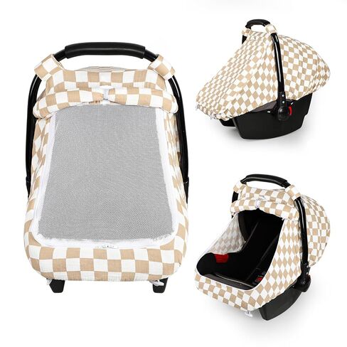 DILIMI Car Seat Covers for Babies, Muslin Cotton Baby Car Seat Cover with Breathable Mesh Window, Summer Infant Car Seat Canopy for Boys Girls Newborn, Green Plaid in Kuwait