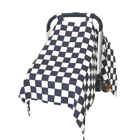 Muslin Baby Carseat Cover - Black & White Checkered Infant Carrier Canopy, Soft & Breathable Car Seat Cover for Babies, Lightweight Sunshade for Summer, Universal Fit for Boys & Girls in Kuwait