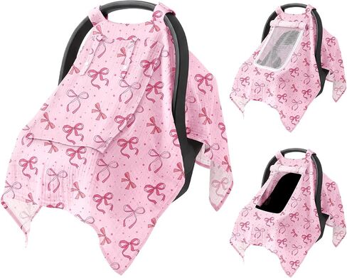 Baby Car Seat Cover with Mesh Window, 100% Cotton Carseat Covers Baby Boy Breathable Infant Car Seat Cover Spring Summer Baby Carseat Cover Lightweight Infant Car Seat Canopy - Pink Bow in Kuwait