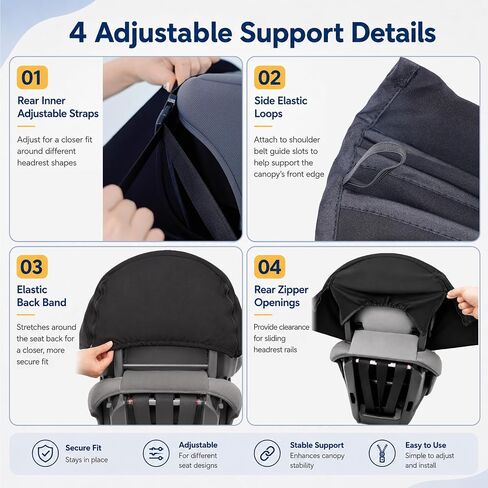 Sun Shade Extender for Car Seats with Shoulder Belt Guide Slots（Black） | For compatible infant, toddler & high-back booster seats up to 15 in; rear straps, side loops, tuckable side-bolster gaps in Kuwait