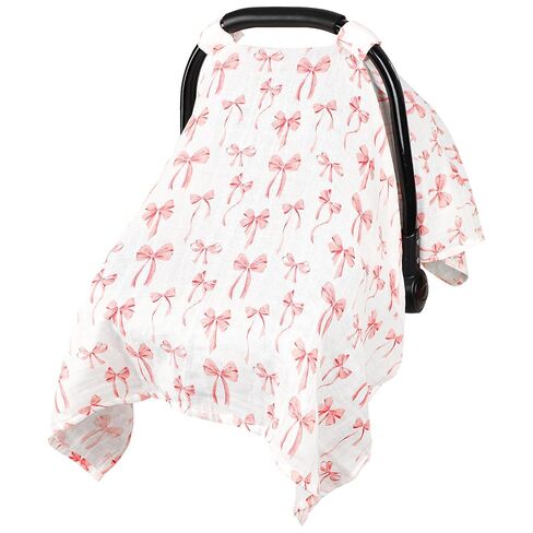 Muslin Baby Car Seat Cover, Summer Carseat Cover for Baby Girl, Breathable Baby Car Seat Canopy, Pink Bow in Kuwait