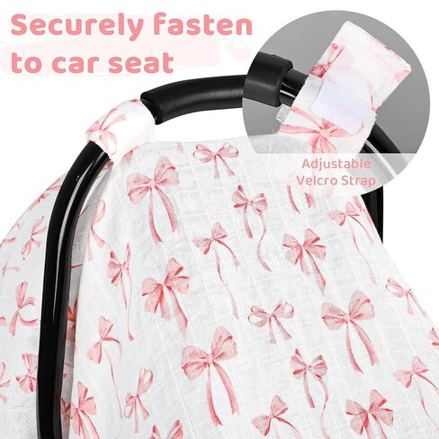 Muslin Baby Car Seat Cover, Summer Carseat Cover for Baby Girl, Breathable Baby Car Seat Canopy, Pink Bow in Kuwait