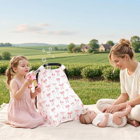 Muslin Baby Car Seat Cover, Summer Carseat Cover for Baby Girl, Breathable Baby Car Seat Canopy, Pink Bow in Kuwait