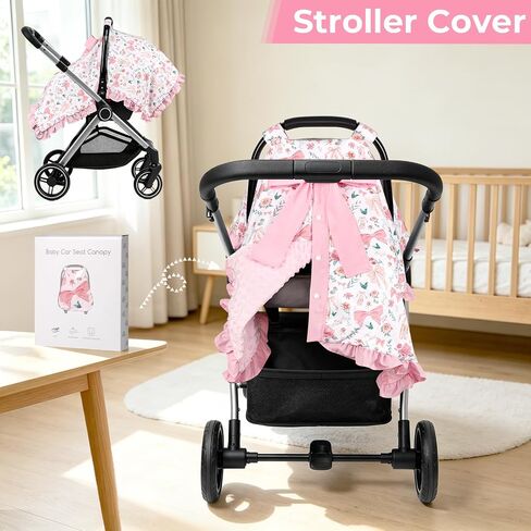 Baby Car Seat Cover, Soft Minky Warm Winter Car Seat Canopy with a Bow for Infants & Toddlers, Opening with Adjustable Strap, Breathable Nursing Cover & Stroller Blanket, Pink in Kuwait
