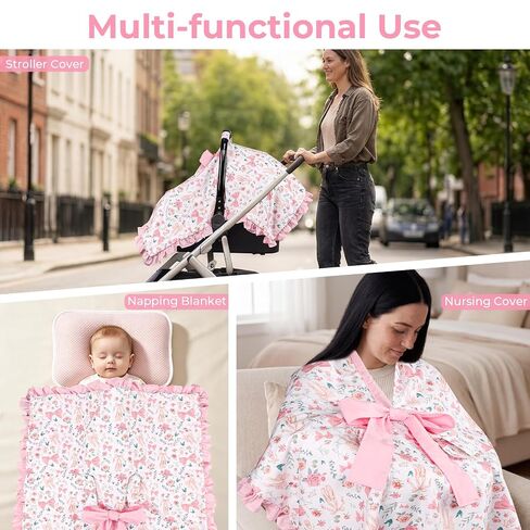 Baby Car Seat Cover, Soft Minky Warm Winter Car Seat Canopy with a Bow for Infants & Toddlers, Opening with Adjustable Strap, Breathable Nursing Cover & Stroller Blanket, Pink in Kuwait