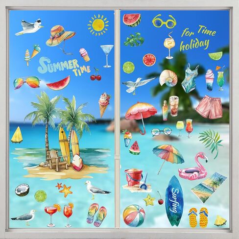 Summer Window Clings Beach Static Window Decals 9 Sheets Tropical Hawaiian Theme with Palm Trees Surfing Watermelon Sunglasses and Ice Cream in Kuwait