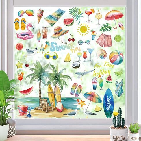 Summer Window Clings Beach Static Window Decals 9 Sheets Tropical Hawaiian Theme with Palm Trees Surfing Watermelon Sunglasses and Ice Cream in Kuwait
