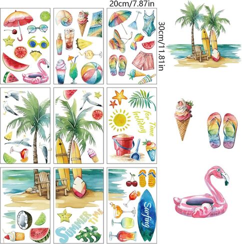 Summer Window Clings Beach Static Window Decals 9 Sheets Tropical Hawaiian Theme with Palm Trees Surfing Watermelon Sunglasses and Ice Cream in Kuwait