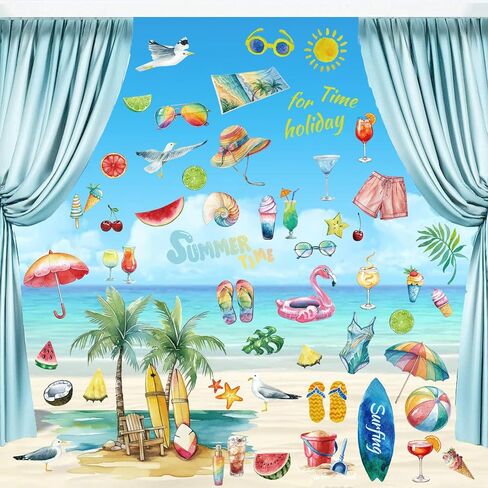 Summer Window Clings Beach Static Window Decals 9 Sheets Tropical Hawaiian Theme with Palm Trees Surfing Watermelon Sunglasses and Ice Cream in Kuwait