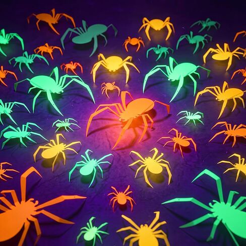 72 Pcs Glow Halloween Spiders Decoration 6 Different Size Glow in the Dark Party Supply Fluorescent 3D Plastic Spider Sticker for Halloween Party Decor Neon Decor DIY Wall Decal Indoor in Kuwait