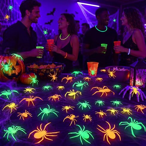 72 Pcs Glow Halloween Spiders Decoration 6 Different Size Glow in the Dark Party Supply Fluorescent 3D Plastic Spider Sticker for Halloween Party Decor Neon Decor DIY Wall Decal Indoor in Kuwait