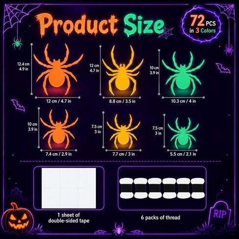 72 Pcs Glow Halloween Spiders Decoration 6 Different Size Glow in the Dark Party Supply Fluorescent 3D Plastic Spider Sticker for Halloween Party Decor Neon Decor DIY Wall Decal Indoor in Kuwait