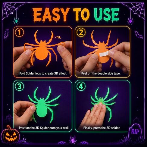 72 Pcs Glow Halloween Spiders Decoration 6 Different Size Glow in the Dark Party Supply Fluorescent 3D Plastic Spider Sticker for Halloween Party Decor Neon Decor DIY Wall Decal Indoor in Kuwait