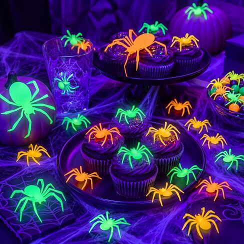 72 Pcs Glow Halloween Spiders Decoration 6 Different Size Glow in the Dark Party Supply Fluorescent 3D Plastic Spider Sticker for Halloween Party Decor Neon Decor DIY Wall Decal Indoor in Kuwait