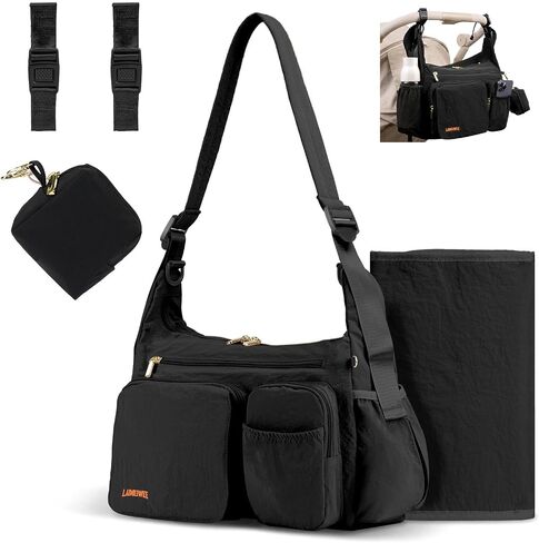 Puffy Crossbody Diaper Bag, 2-in-1 Stroller Caddy & Mom Purse, 13L Lightweight Travel Duffle Bag for Baby, Work Commute, Gym, Labor Delivery (Black) in Kuwait