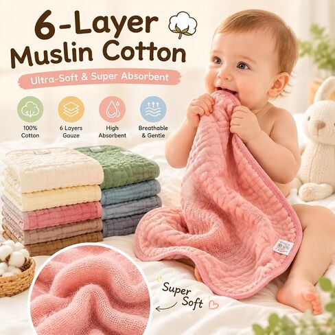 Muslin Burp Cloths,16 Pack 6-Layer Ultra Absorbent and Soft 100% Cotton Baby Towels Essentials Drool Rags and Messes,​Colorful Shower Gifts for Boy Girl, Newborn Bibs,Infants Wash Cloths in Kuwait