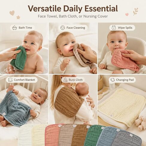 Muslin Burp Cloths,16 Pack 6-Layer Ultra Absorbent and Soft 100% Cotton Baby Towels Essentials Drool Rags and Messes,​Colorful Shower Gifts for Boy Girl, Newborn Bibs,Infants Wash Cloths in Kuwait