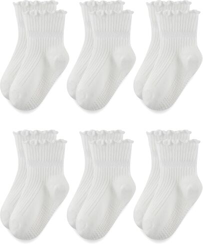 Babymine 6 Pairs Toddler Grip Socks for Girls Non Slip Ruffle Socks 6M-5T | Anti-slip Dots,Cotton Blend,Unique 12-24 Months Size,Assorted Color,All Season Wear,Match Sneakers,Loafer and Mary Jane Shoes in Kuwait