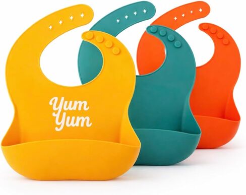 Baby Silicone Bibs 3 Pack, Waterproof BPA-Free Bib for Babies and Toddlers 6-36 Months, Food Catcher Pocket, Adjustable Reusable Feeding Accessory, Easy Clean Baby Led Weaning Essential in Kuwait