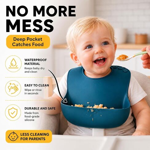 Baby Silicone Bibs 3 Pack, Waterproof BPA-Free Bib for Babies and Toddlers 6-36 Months, Food Catcher Pocket, Adjustable Reusable Feeding Accessory, Easy Clean Baby Led Weaning Essential in Kuwait