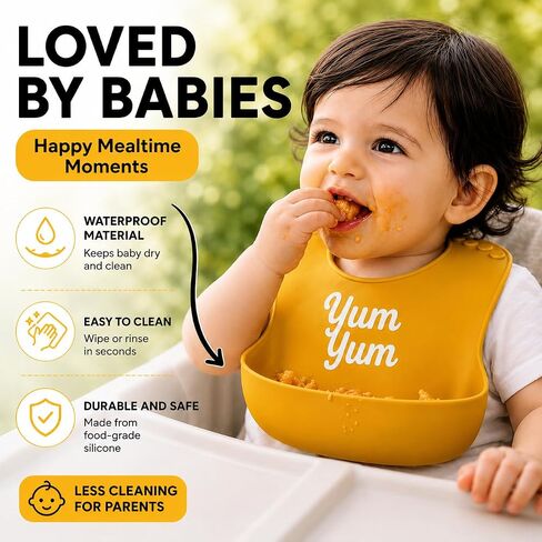 Baby Silicone Bibs 3 Pack, Waterproof BPA-Free Bib for Babies and Toddlers 6-36 Months, Food Catcher Pocket, Adjustable Reusable Feeding Accessory, Easy Clean Baby Led Weaning Essential in Kuwait