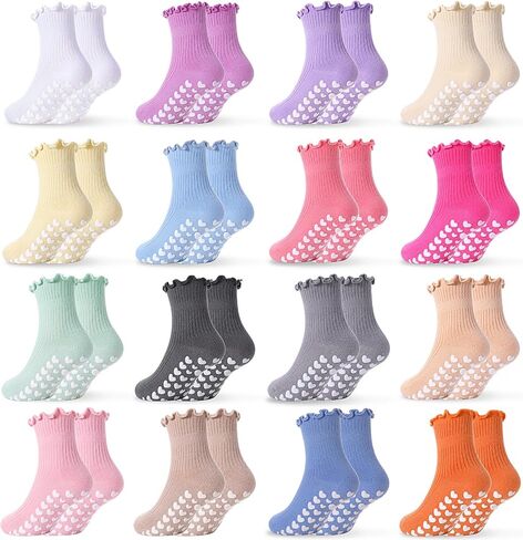 16 Pairs Baby Toddler Girls Socks with Grips Cute Ruffle Cotton Non Slip Grippy Socks for Kids Baby Toddler Girls in Kuwait