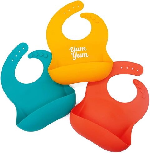 Baby Silicone Bibs 3 Pack, Waterproof BPA-Free Bib for Babies and Toddlers 6-36 Months, Food Catcher Pocket, Adjustable Reusable Feeding Accessory, Easy Clean Baby Led Weaning Essential in Kuwait