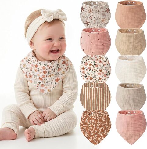 Tunnkit Muslin Baby Bibs, 10 Pack Bandana Bibs, Triangular Bibs | Extra Absorbent for Drooling & Teething, Soft Breathable Muslin Cotton, Newborn & Infant Essentials, Unisex for Boys & Girls in Kuwait