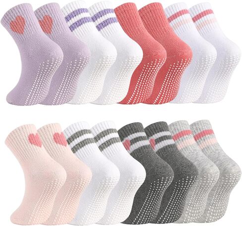 Toddler Grip Socks with Non-Slip,Unisex Baby Grip Crew Cotton Socks | Retro Heart Stripe Seamless Sock for Girls Boys in Kuwait