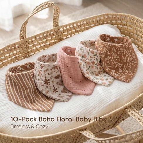 Tunnkit Muslin Baby Bibs, 10 Pack Bandana Bibs, Triangular Bibs | Extra Absorbent for Drooling & Teething, Soft Breathable Muslin Cotton, Newborn & Infant Essentials, Unisex for Boys & Girls in Kuwait