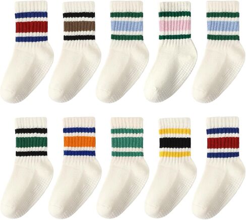 Toddler Grip Socks with Non-Slip,Unisex Baby Grip Crew Cotton Socks | Retro Heart Stripe Seamless Sock for Girls Boys in Kuwait