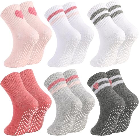 Toddler Grip Socks with Non-Slip,Unisex Baby Grip Crew Cotton Socks | Retro Heart Stripe Seamless Sock for Girls Boys in Kuwait