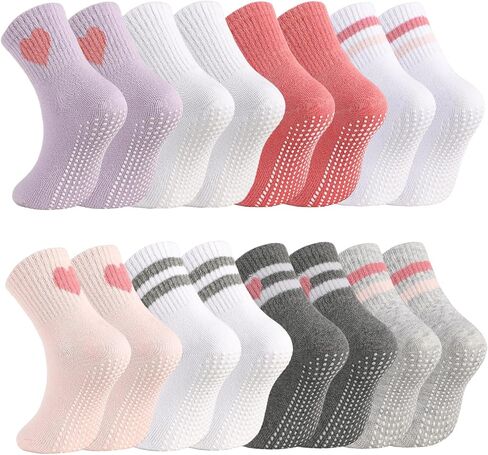 Toddler Grip Socks with Non-Slip,Unisex Baby Grip Crew Cotton Socks | Retro Heart Stripe Seamless Sock for Girls Boys in Kuwait