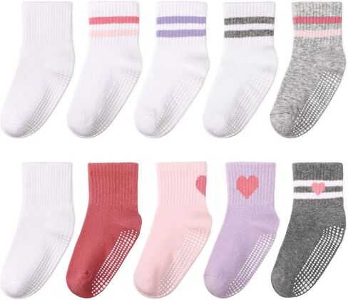 Toddler Grip Socks with Non-Slip,Unisex Baby Grip Crew Cotton Socks | Retro Heart Stripe Seamless Sock for Girls Boys in Kuwait