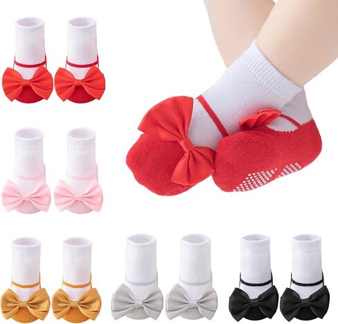 Baby Girl Socks Non Slip Newborn Baby Socks with Grips Cute Bow Infant Toddler Princess Socks Ballet Slipper 5 Pairs in Kuwait