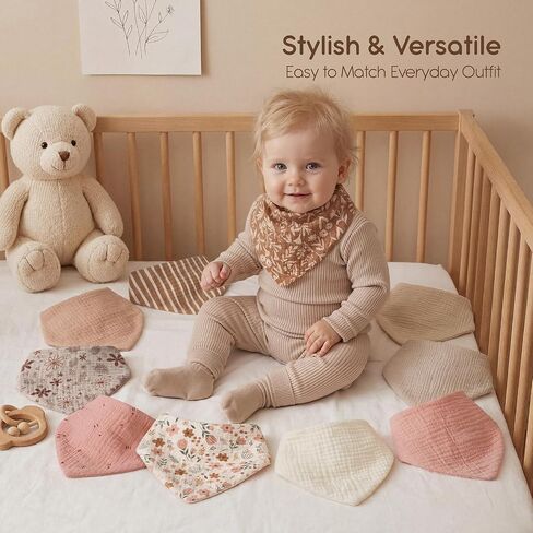 Tunnkit Muslin Baby Bibs, 10 Pack Bandana Bibs, Triangular Bibs | Extra Absorbent for Drooling & Teething, Soft Breathable Muslin Cotton, Newborn & Infant Essentials, Unisex for Boys & Girls in Kuwait