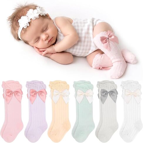 6 Pairs Long Preemie Newborn Socks Premature Baby Knee High Cotton Socks With Bow for Girls Boys Infant Toddler in Kuwait